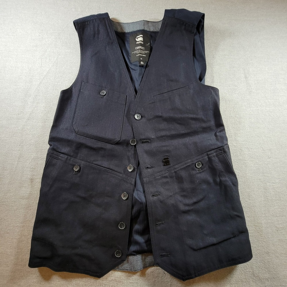 G-Star RAW Waistcoat Vest Mens Medium Navy Blue Excellent Herringbone Utility